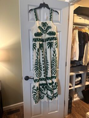 FARM Rio White Maxi Dress with Green Tropical Print